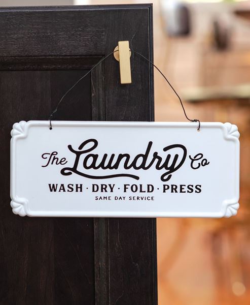 Vintage Farmhouse Style Enamel Laundry Sign Embossed Metal Distressed Rustic 