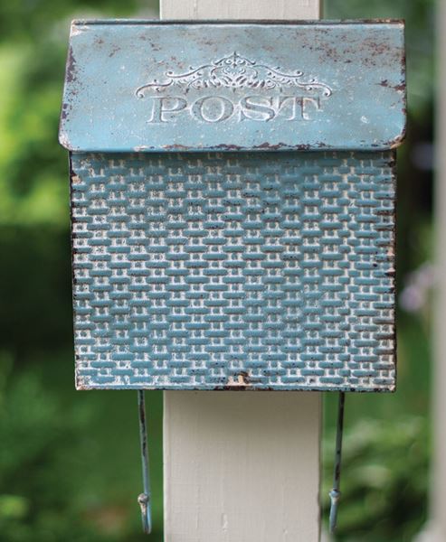 Picture of Vintage Blue Metal Basketweave Post Box w/ Hooks