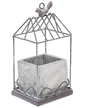 Picture of Graywash Metal Birdcage With Cement Planter