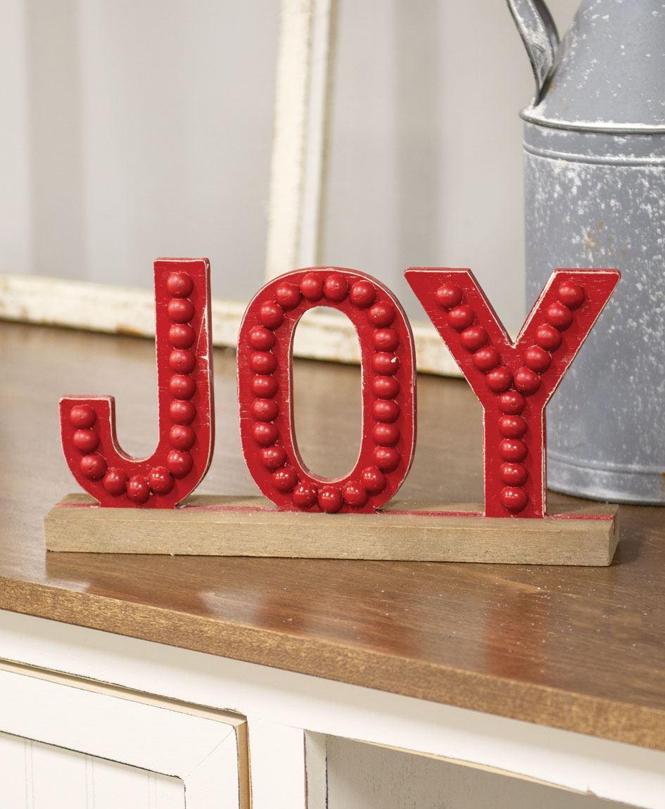 Col House Designs Wholesale| Distressed Beaded Wooden Joy Sign on Base