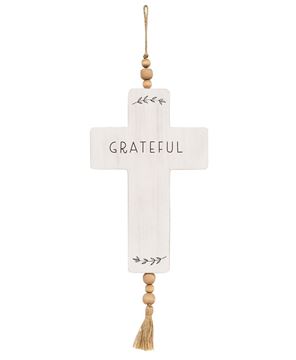 Picture of Grateful Cross Wood Ornament w/Beads & Tassel