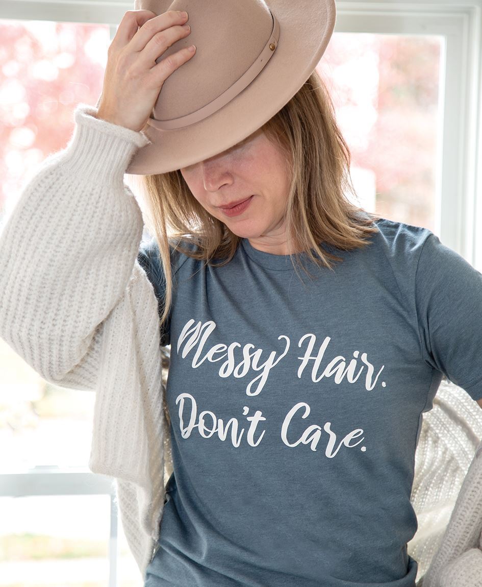Col House Designs - Wholesale| Messy Hair Don't Care T-Shirt, Heather Slate