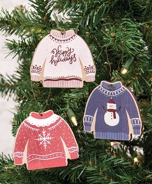 Picture of Happy Holidays Wooden Sweater Ornament, 3 Asstd.