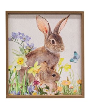 Picture of Easter Bunnies in Spring Flowers Wood Framed Sign