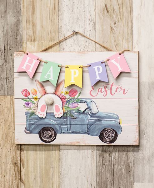 Picture of Happy Easter Banner Bunny Truck Hanging Wood Sign