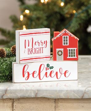 Picture of Merry & Bright, Believe, House Wooden Blocks, 3/Set