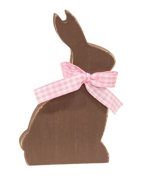 Picture of Wooden Chocolate Bunny Sitter w/Pink Check Ribbon