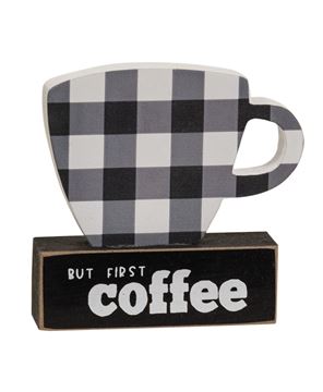 Picture of But First Coffee Buffalo Check Coffee Cup on Base