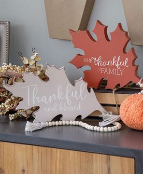 Picture of Thankful and Blessed Beige Wooden Leaf Sitter w/Beads