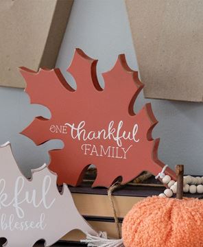 Picture of One Thankful Family Orange Wooden Leaf Sitter w/Beads