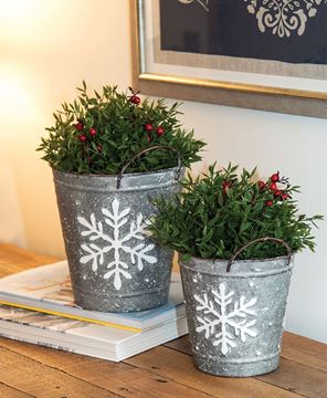 Picture of White Washed Snowflake Embossed Metal Buckets, 2/Set