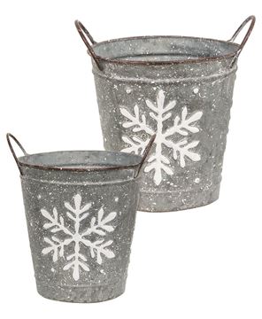 Picture of White Washed Snowflake Embossed Metal Buckets, 2/Set