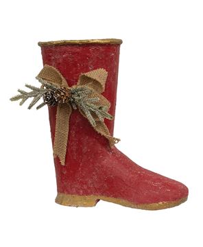 Picture of Distressed Red Metal Boot w/Burlap Bow & Pine