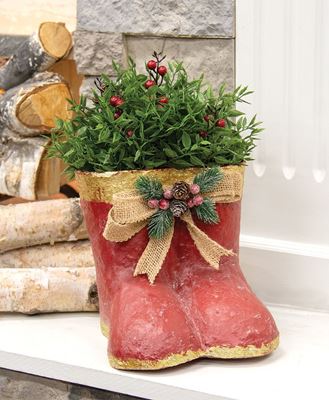 Picture of Distressed Red & Gold Painted Metal Santa Boot Pair