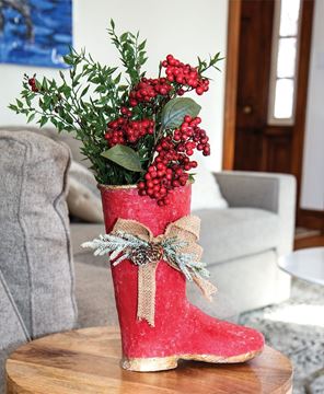 Picture of Distressed Red Metal Boot w/Burlap Bow & Pine