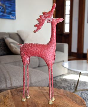 Picture of Distressed Red & Gold Painted Metal Standing Deer